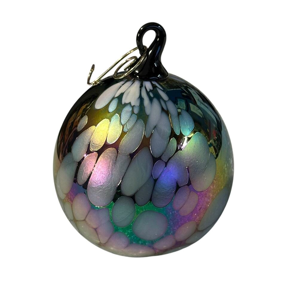Hand-Blown Glass Ornament Ball Spotted Purple White 5"